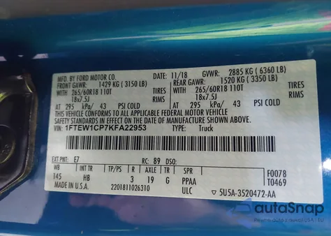 2019 Ford F-150 Lariat z USA, uszkodzony, nr VIN 1FTEW1CP7KFA22953